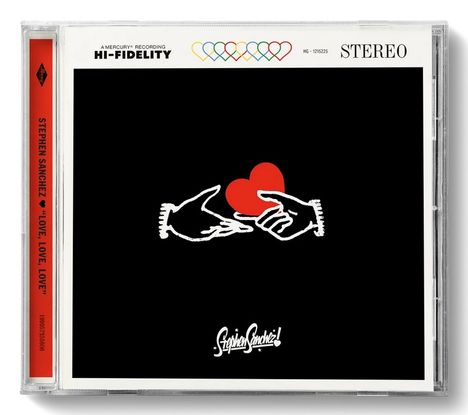 Text: "HI-FIDELITY", "STEREO", "STEPHEN SANCHEZ LOVE, LOVE, LOVE". Illustration: Zwei Hände halten ein rotes Herz.