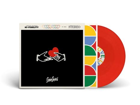 Oben: "HI-FIDELITY STEREO". Illustration: Zwei Hände mit rotem Herzen. Rotes Vinyl mit buntem Cover im Hintergrund.