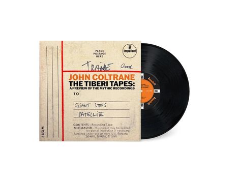 Ein Umschlag mit "JOHN COLTRANE THE TIBERI TAPES" und zwei handgeschriebenen Titeln: "GIANT STEPS", "SATELLITE".