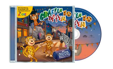 CD-Hülle mit „Giraffenaffen 10“. Bunte Comic-Affen, Elefanten, Zebra und Sloth in einer festlichen Straßenszene.