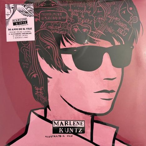Cover von "MARLENE KUNTZ", Illustration eines Gesichts mit Sonnenbrille in pinken Tönen. Textelemente oben.