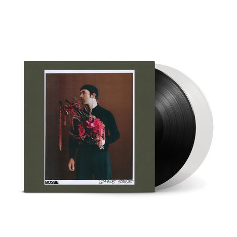 Im Vordergrund steht "Bosse" und "Sunnige Grüße". Ein Mann in Schwarz hält einen bunten Blumenstrauß vor einem Vinyl.