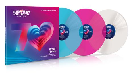 Eurovision Song Contest 2026, Vienna, 3 LP Limited Edition. United by Music. Drei bunte Schallplatten und ein Albumcover.