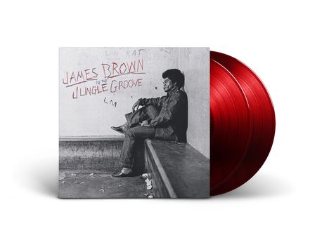 „James Brown In the Jungle Groove“ in roter Schrift. Schwarz-Weiß-Foto eines Mannes auf einer Bank. Zwei rote Schallplatten.