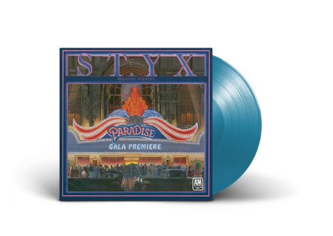 „STYX Paradise Theatre“ oben, „PARADISE GALA PREMIERE“ auf Leuchtreklame. Illustration von Menschen vor einem Theater. Türkise Schallplatte.