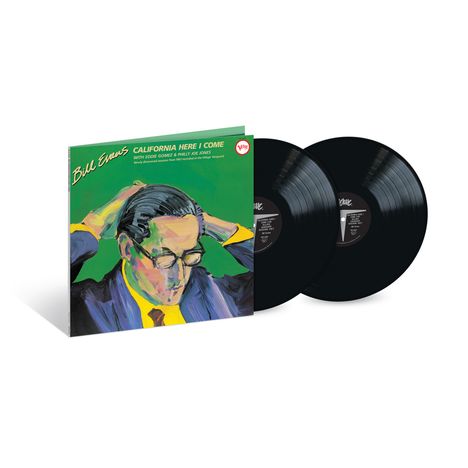 "Bill Evans: California Here I Come" steht auf einem Albumcover. Illustration eines Mannes mit Brille. Zwei Schallplatten.
