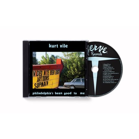 "Kurt Vile, philadelphia's been good to me." CD mit Bild von Autokinozeichen, Auto, Bäumen.