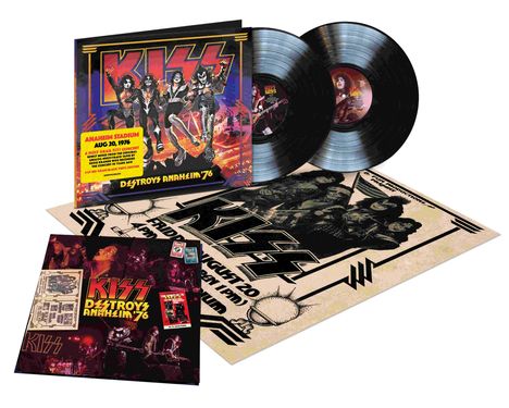 Covertext: "ANAHEIM STADIUM AUG. 20, 1976" und "DESTROYS ANAHEIM '76". Plattencover, Vinyl-Schallplatten und Poster.