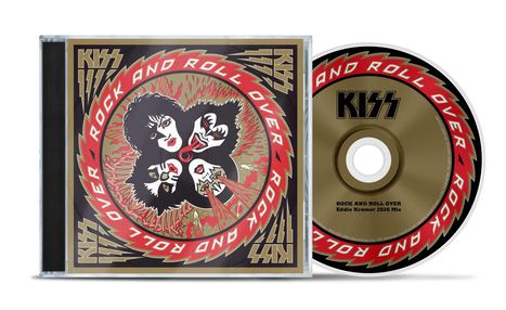 CD-Hülle mit KISS-Logo und "ROCK AND ROLL OVER". Illustration zeigt vier stilisierte, maskierte Gesichter.