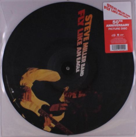 "Steve Miller Band Fly Like an Eagle" steht vertikal auf einer Schallplatte mit einem Gitarristen im Hintergrund.
