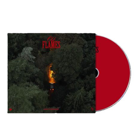 Texte: "Old Flames", rotes CD-Cover. Dichtes Waldgebiet mit einem hellen Lichtschein in der Mitte.
