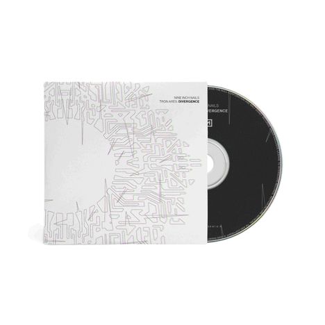 "NINE INCH NAILS TRON: ARES: DIVERGENCE." Ein CD-Cover mit geometrischem Muster und einer teilweise sichtbaren CD.