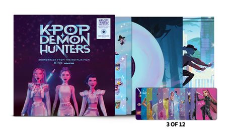 „K-Pop Demon Hunters“, Soundtrack Netflix Film. Vier animierte Figuren davor, helle, bunte Gestaltung.