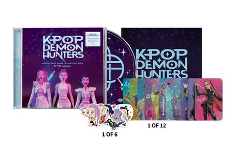 "KPOP DEMON HUNTERS" ist auf einem CD-Cover zu lesen. Es gibt Illustrationen von Figuren und zusätzliche Karten.