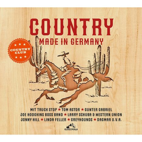 "COUNTRY MADE IN GERMANY" steht oben. Illustration: Cowboy reitet auf Pferd neben Kakteen.