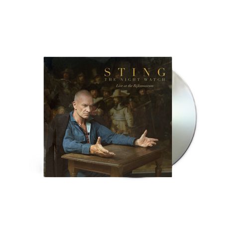 Sting: The Night Watch - Live at the Rijksmuseum. Ein mann sitzt an einem Holztisch, Hintergrund mit Gemälde. CD sichtbar.