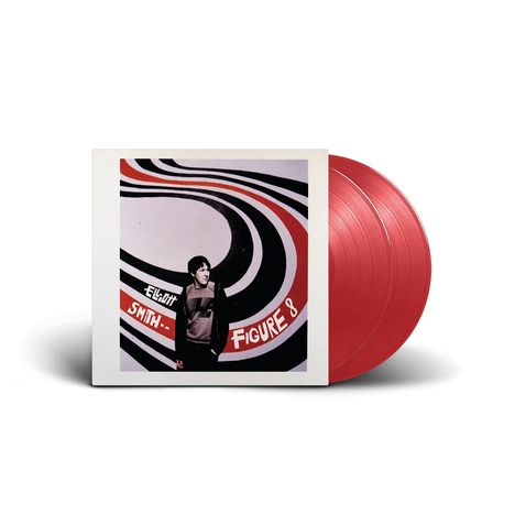 Schriftzug "Elliott Smith - Figure 8". Ein Mann steht vor wellenförmigen schwarz-weißen und roten Linien. Rote Schallplatten.