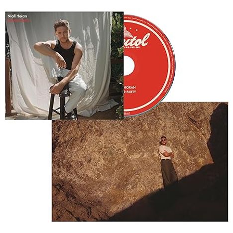 Der Text lautet "Niall Horan". Auf einem Foto sitzt ein Mann auf einem Hocker, beim anderen steht er vor einer Felswand.