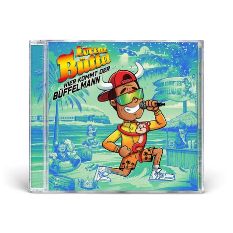 Text: „Lorenz Büffel - Hier kommt der Büffelmann“. 
Illustration: Cartoon-Figur mit Mikrofon, tropische Kulisse.