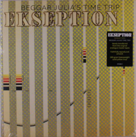"Beggar Julia's Time Trip EKSEPTION" in großer Schrift, gelbe Punkte auf grauen Streifen. Musik-Albumcover mit Details.