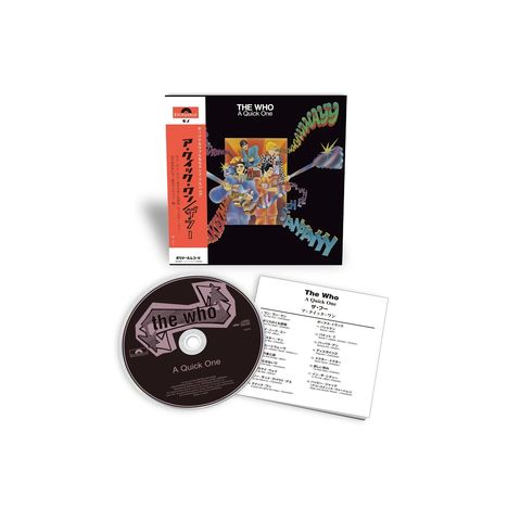 CD-Hülle mit "The Who - A Quick One" und japanischem Text. CD und Booklet mit Titelliste darunter. Markenlogo oben links.