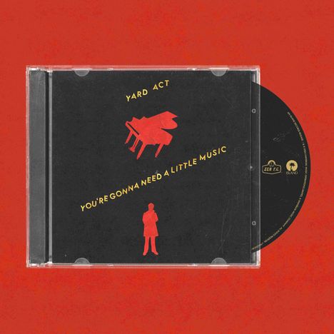 Texte: "Yard Act", "You're Gonna Need A Little Music". Illustration: Rotes Klavier, rote Person auf schwarzem Hintergrund.