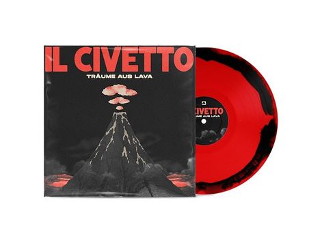 "IL CIVETTO, TRÄUME AUS LAVA" in roter Schrift. Illustration eines Vulkans mit Rauchwolken. Rote Vinyl-Schallplatte.