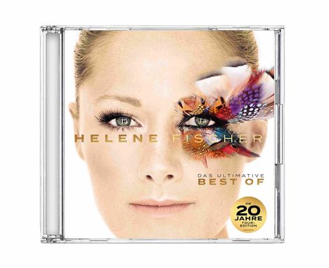 "HELENE FISCHER", "DAS ULTIMATIVE BEST OF", "DIE 20 JAHRE TOUR EDITION". Nahaufnahme eines Gesichts mit bunten Federn um ein Auge.