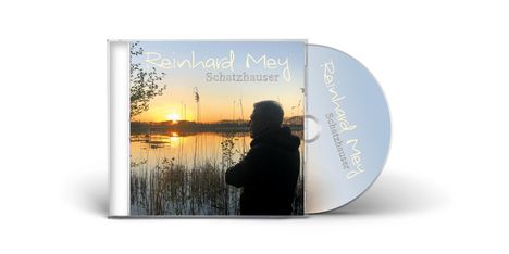 „Reinhard Mey, Schatzhauser“ steht auf einem Cover vor einem See bei Sonnenuntergang, mit einer Person im Vordergrund.
