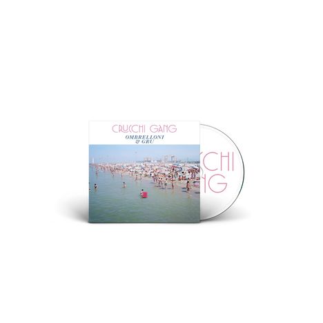 Text: "CRUCHI GANG OMBRELLONI & GRU". Ein CD-Cover zeigt einen überfüllten Strand bei sonnigem Wetter.