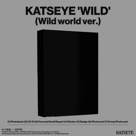 Text: "KATSEYE 'WILD' (Wild world ver.)" und Liste: "(1) Photobook (2) CD-R (3) Personal Detail Report (4) Sticker (5) Badge (6) Photocard (7) Group Photocard". Schwarzes Buch.