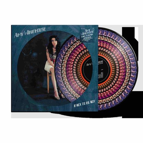 Text: "AMY WINEHOUSE", "BACK TO BLACK". 
Illustration: Frau auf einem Stuhl, umgeben von spiralförmigem Bildmuster.