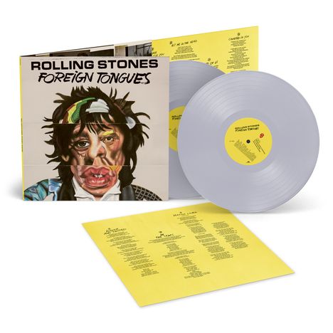 Texte: "ROLLING STONES", "FOREIGN TONGUES". Illustration eines karikaturhaften Gesichts mit verzerrten Zügen.
