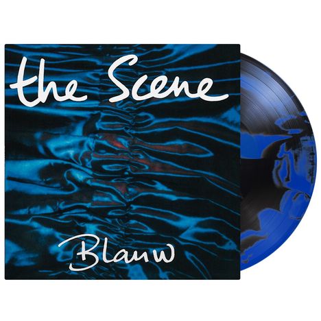 Text: "the Scene", "Blauw". Ein Vinyl-Cover mit blau-schwarzem, welligem Muster, daneben die farblich passende Schallplatte.