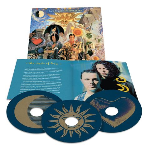 Oben steht "tears for fears the seeds of love". 
Unten ein Text über die Band. 
Zwei CDs mit Sonnen- und Herzsymbolen.