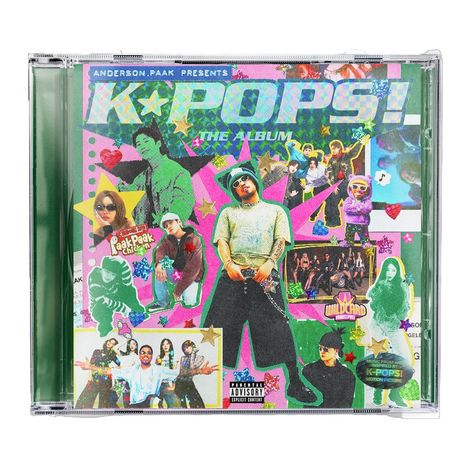 Text: "ANDERSON .PAAK PRESENTS K-POPS! THE ALBUM". Buntes Collage-Design mit Figuren und Sternen.