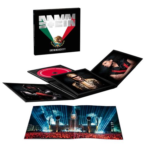 Der Text sagt "RAMMSTEIN" und "LIVE IN MEXICO CITY". Die Box zeigt eine farbenfrohe Live-Performance.