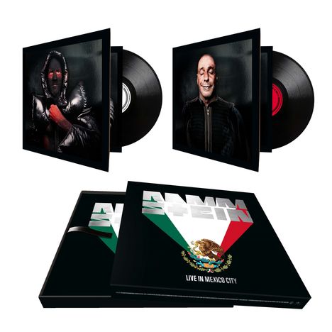 "Live in Mexico City" auf einer Schallplattenhülle mit Bandlogo, daneben zwei Schallplatten mit Porträts in dunklen Tönen.