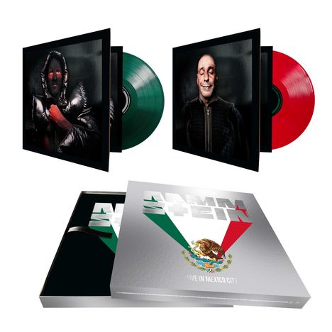 Text: "LIVE IN MEXICO CITY". Cover mit grüner und roter Schallplatte, stilisiertes Adler-Design.