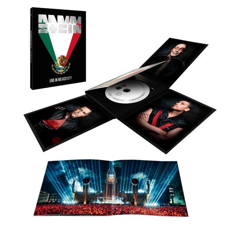 „RAMMSTEIN LIVE IN MEXICO CITY“. Boxset mit CD, Fotos der Bandmitglieder und Konzert mit Lichteffekten und großer Menschenmenge.