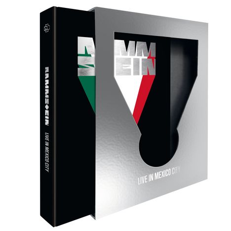 "RAMMSTEIN", "LIVE IN MEXICO CITY". Ein schwarzes Cover mit silbernen und bunten Elementen, teils ausgeschnitten.