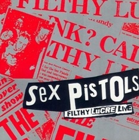 "Sex Pistols" in kontrastreichen Lettern, umgeben von roten Schlagzeilentexten, dominieren das Gesamtbild.