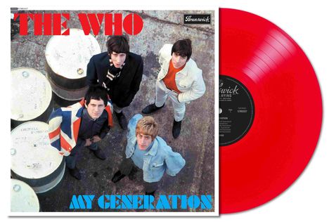 „THE WHO“ oben in Rot, „MY GENERATION“ unten in Blau, rote Vinyl-Schallplatte, vier Männer blicken nach oben.