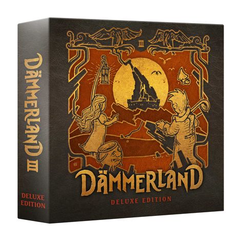 Beschriftet mit: "Dämmerland III Deluxe Edition". Illustration eines Mädchens und Jungen vor einer Burg im Sonnenuntergang.