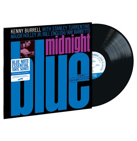 "KENNY BURRELL...MIDNIGHT BLUE" in großen Buchstaben, mit Vinyl-Schallplatte und einem kleinen Musikerfoto.