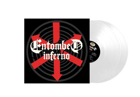 "Entombed inferno" in gotischer Schrift auf schwarzem Hintergrund mit einem roten Pfeilkreuz, zwei weiße Schallplatten.