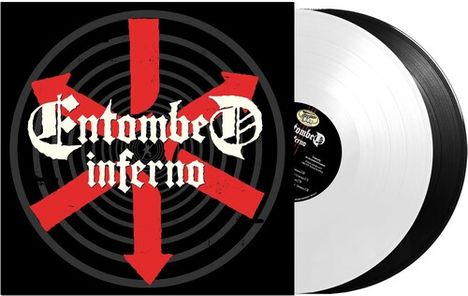 Text: "Entombed Inferno" in gotischer Schrift. Schwarze und weiße Vinyl-Schallplatten, rotes Symbol im Hintergrund.