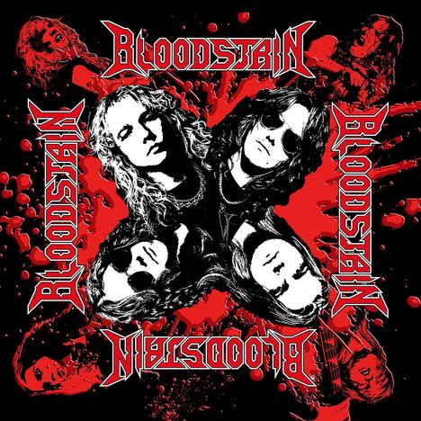 Text: "BLOODSTAIN". Mehrere Porträts in Rock-Stil, Rot- und Schwarztöne, spritzende Effekte.