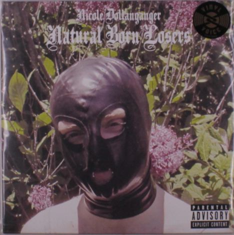 "Natural Born Losers" in gotischer Schrift. Person mit schwarzer Maske, hinter Blumen, Warnhinweis unten rechts.