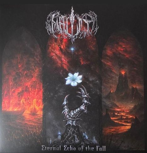 Oben ein unleserliches, brennendes Logo, darunter "Eternal Echo of the Fall". Drei feurige, apokalyptische Szenen.